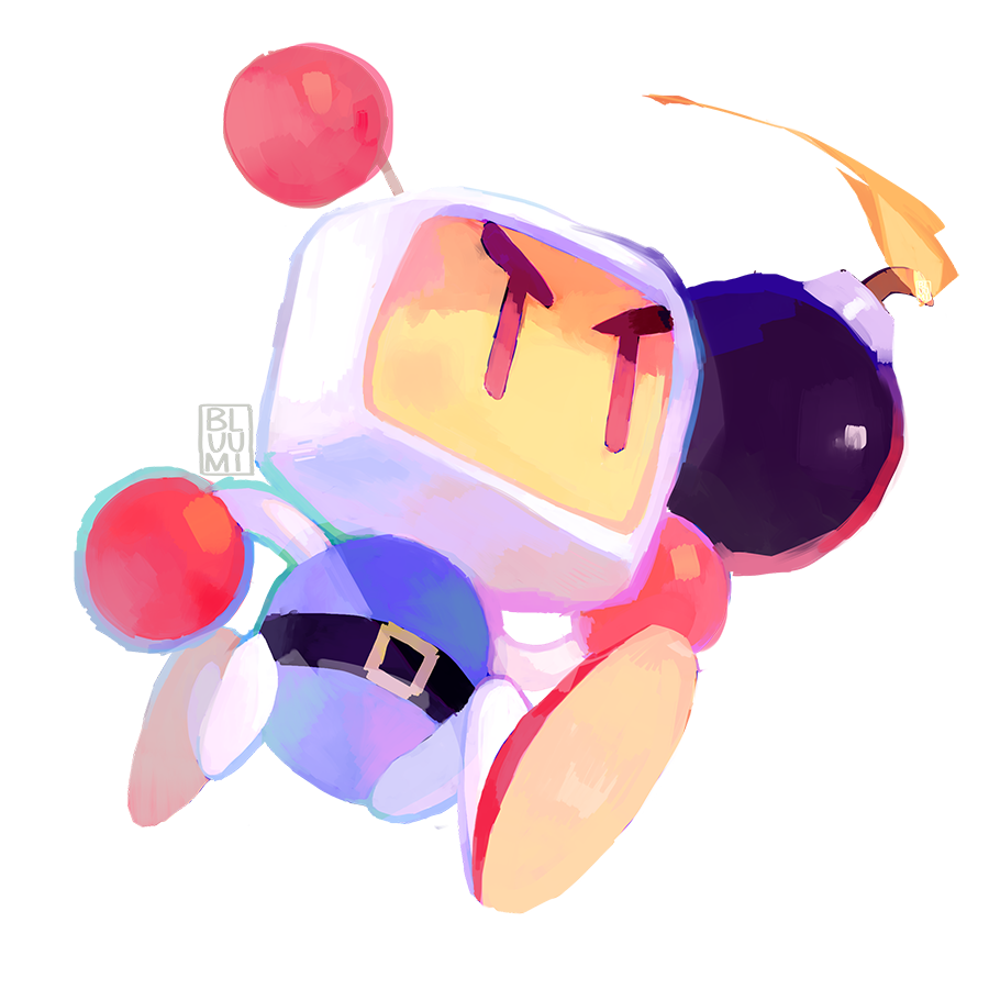 antennae, artist_name, belt, bluumi, bomb, bomberman, carrying, commentary, english_commentary, explosive, full_body, male_focus, running, serious, signature, solo, transparent_background, white_bomberman, |_|, ||_||
