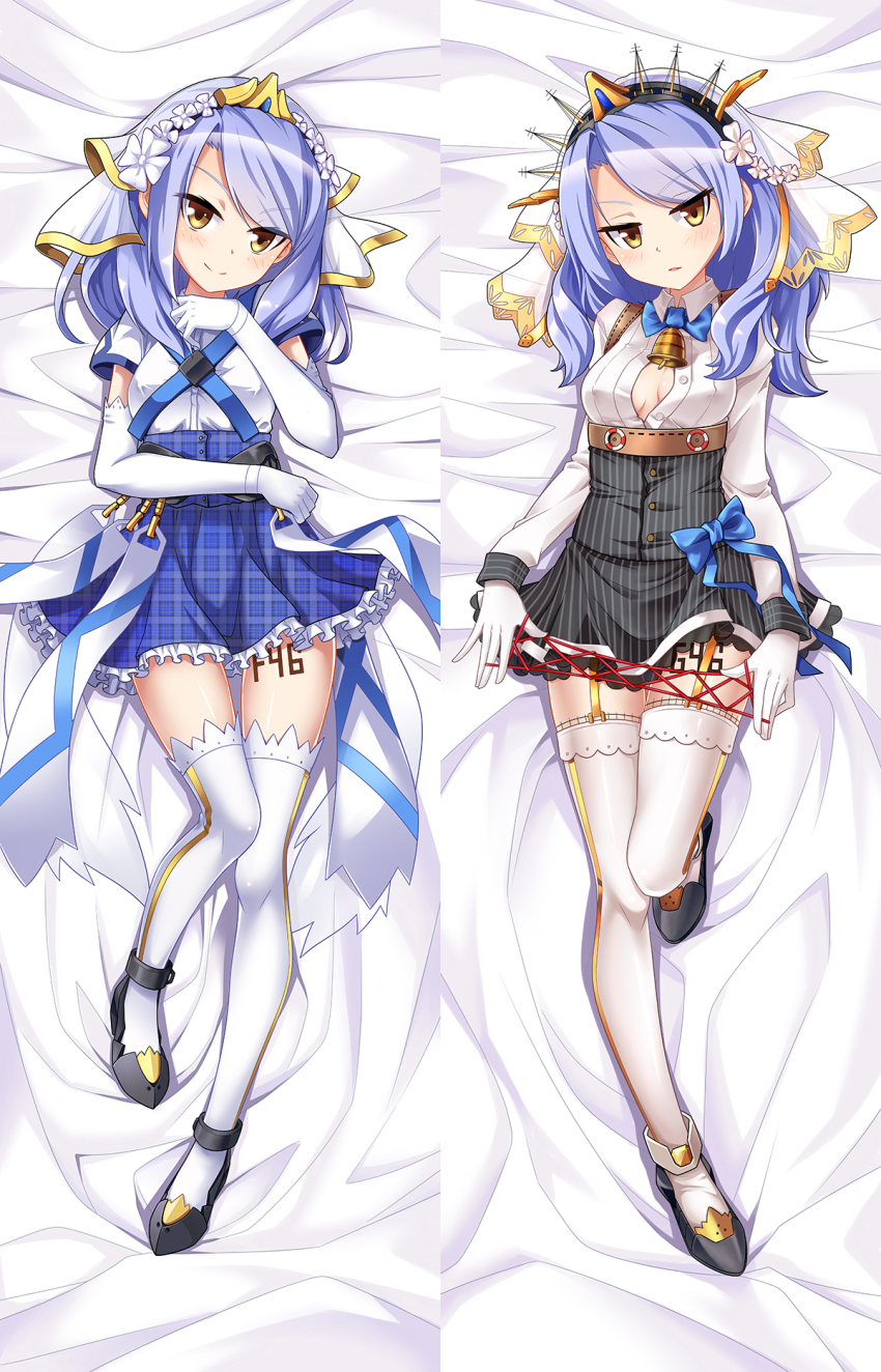 1girl, blue_hair, blush, breasts, cleavage, dakimakura_(medium), full_body, garter_straps