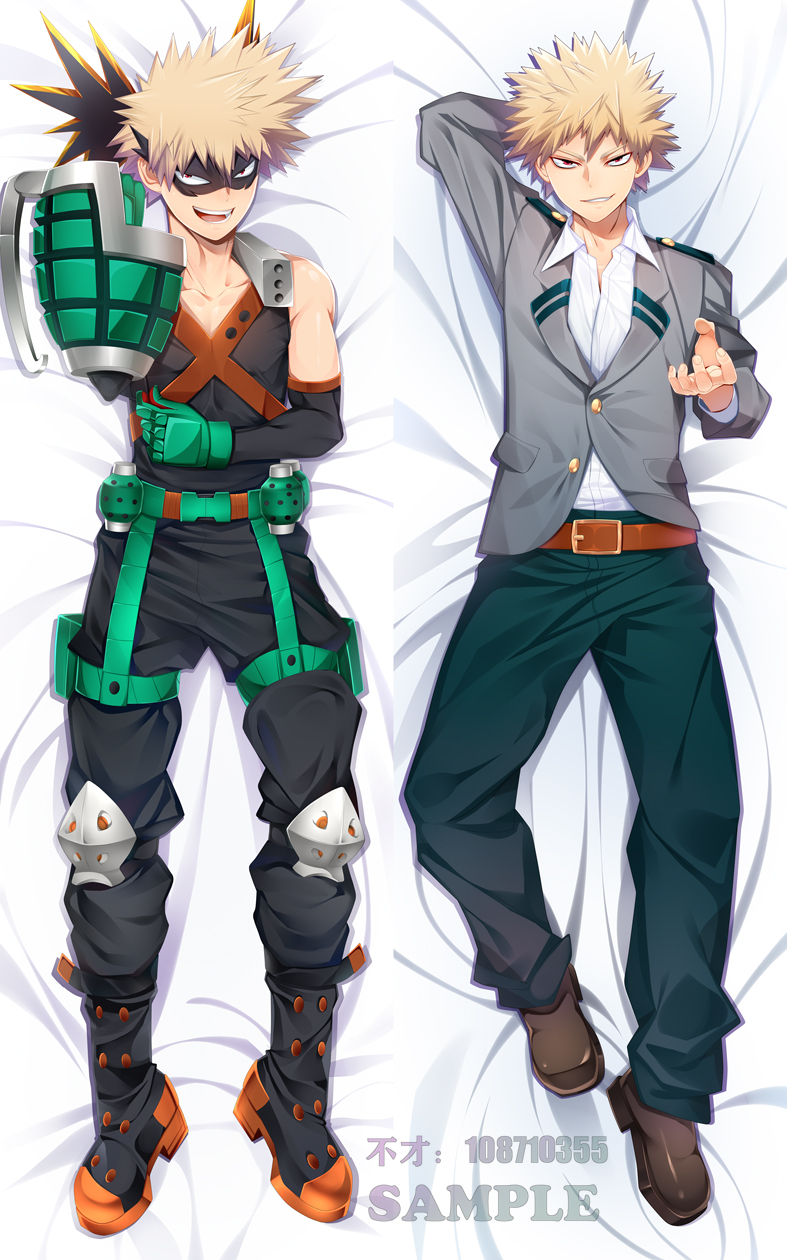 1boy, bad_id, bad_pixiv_id, bakugou_katsuki, bed_sheet, blonde_hair, boku_no_hero_academia, collared_shirt, dakimakura_(medium), explosive, fusai, gloves, grenade, highres, looking_at_viewer, lying, male_focus, open_mouth, red_eyes, school_uniform, shirt, short_hair, smile, spiked_hair, teeth