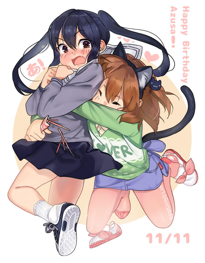 !, 2girls, a_(phrase), alternate_costume, animal_ears, artist_name, beige_shirt, birthday, black_footwear, black_hair, black_skirt, blue_skirt, body_blush, brown_eyes, brown_hair, cat_ears, closed_eyes, collared_shirt, commentary, d:, dated, denim, denim_skirt, english_commentary, english_text, fake_animal_ears, food, footwear_bow, girutea, green_sweater, grey_shirt, hair_between_eyes, happy_birthday, heart, hirasawa_yui, hug, jojifuku, k-on!, long_sleeves, multicolored_footwear, multiple_girls, nakano_azusa, open_mouth, pink_footwear, pink_legwear, pocky, polka_dot_sweater, school_uniform, serafuku, shirt, shoes, short_hair, skirt, snack, sneakers, socks, soles, sweater, tareme, twintails, unworn_shoe, v-neck, wavy_mouth, white_background, white_footwear, white_legwear, wing_collar, yuri