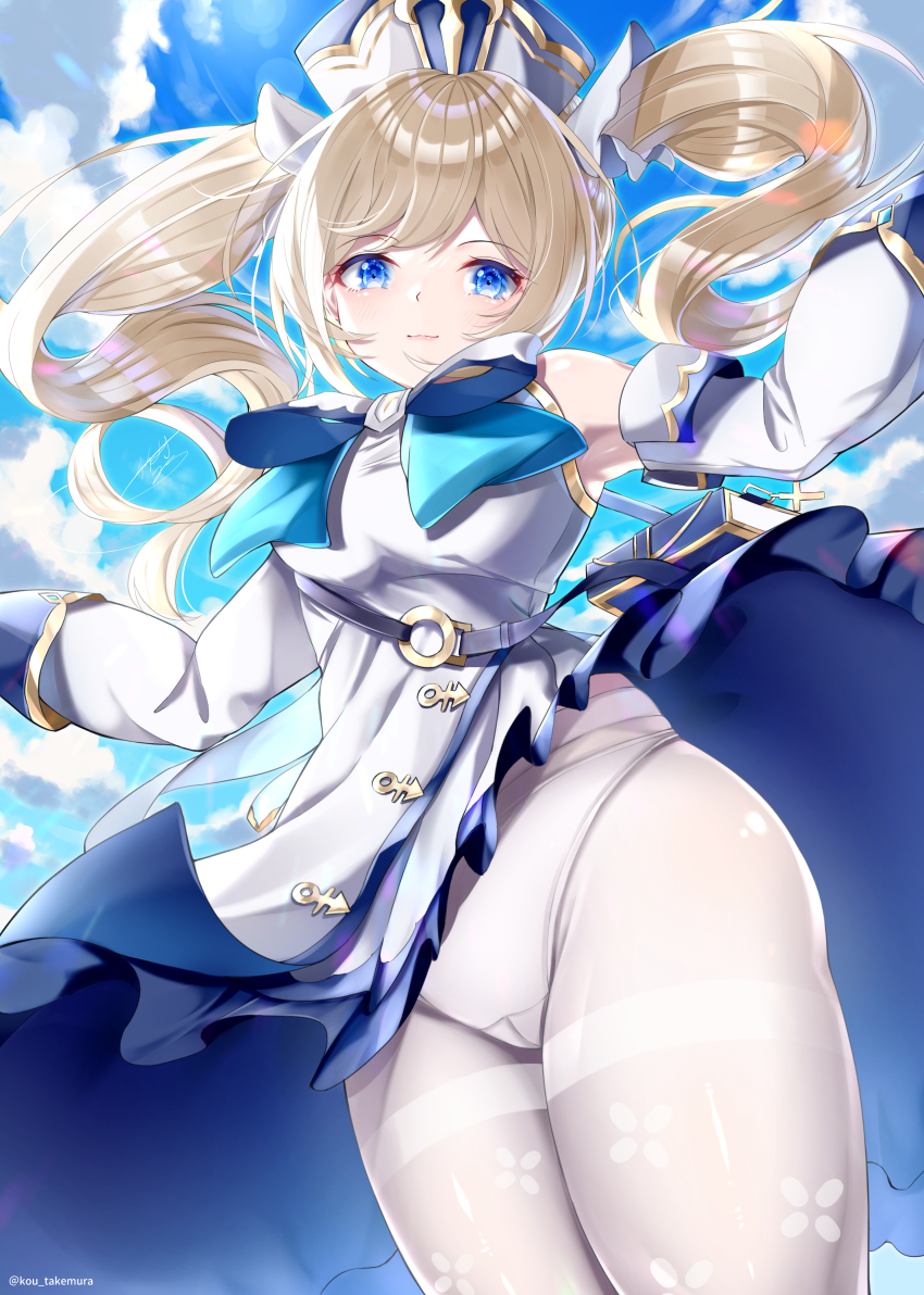 1girl, absurdres, artist_name, barbara_(genshin_impact), blonde_hair, blue_eyes, blue_sky, blush