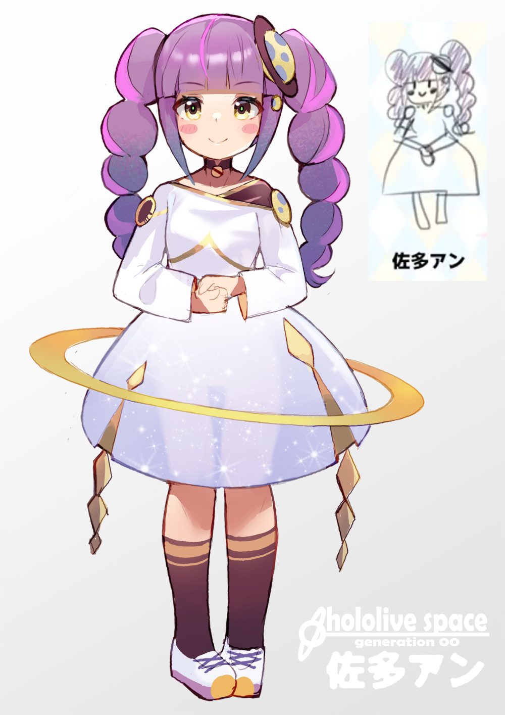 1girl, breasts, character_name, dress, hair_ornament, highres, hololive, hoshimachi_suisei_(artist)