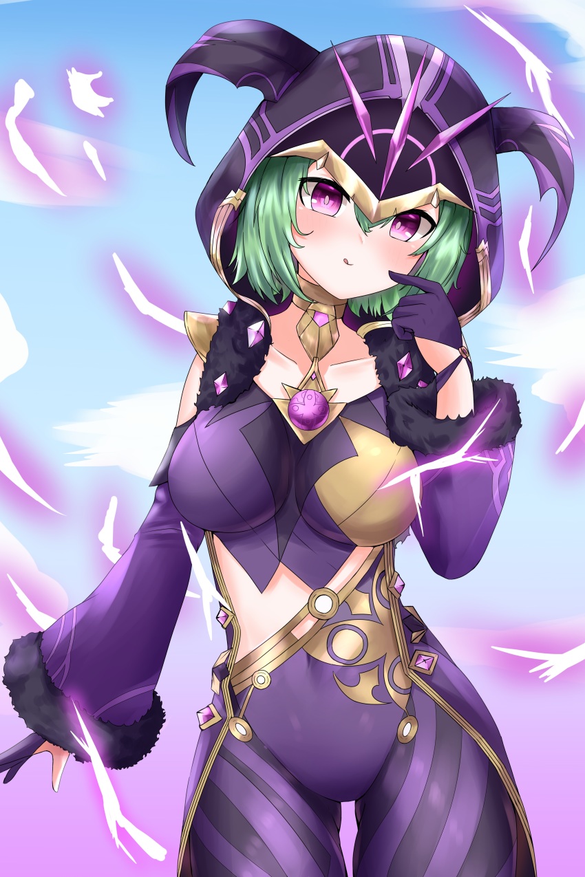 1girl, absurdres, bare_shoulders, blush, bodysuit, breasts, cicin_mage_(genshin_impact), cloak, detached_sleeves, electricity, electro_cicin_mage_(genshin_impact), genshin_impact, gloves, green_hair, highres, hood, hooded_cloak, large_breasts, looking_at_viewer, min1910, purple_eyes, shiny_clothes, short_hair, skin_tight, smile, solo, tongue, tongue_out