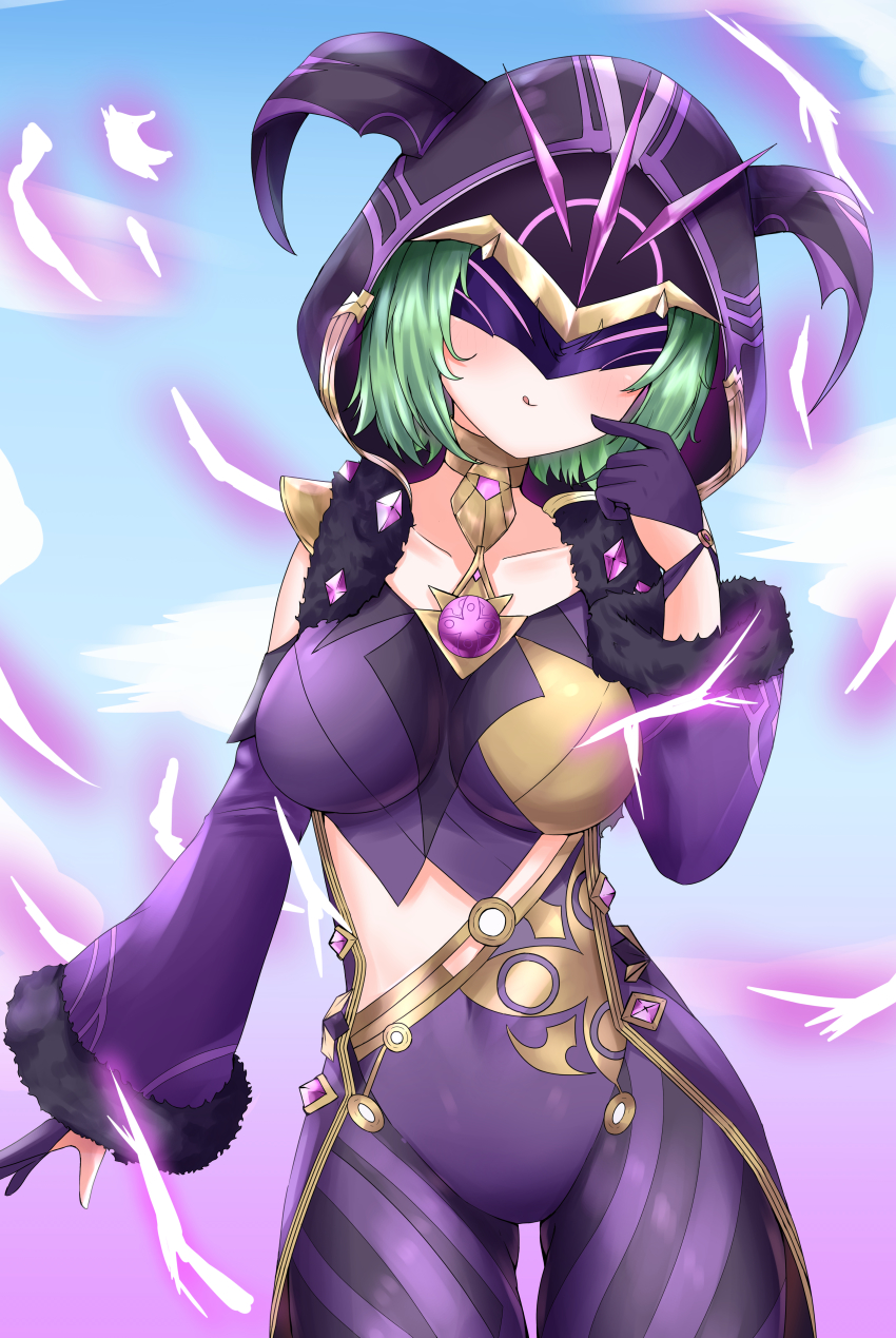 1girl, absurdres, bare_shoulders, blush, bodysuit, breasts, cicin_mage_(genshin_impact), cloak, detached_sleeves, electricity, electro_cicin_mage_(genshin_impact), genshin_impact, gloves, green_hair, highres, hood, hooded_cloak, large_breasts, looking_at_viewer, mask, min1910, shiny_clothes, short_hair, skin_tight, smile, solo, tongue, tongue_out, visor