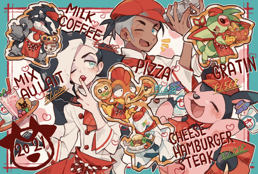 2boys, apron, black_hair, blush, bottle, burger, clothed_pokemon, coffee