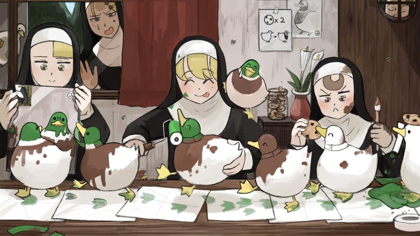 5girls, :<, :p, ^_^, against_glass, animal, animal_on_shoulder, bird, blonde_hair, brown_eyes, brown_hair, chicken, chili_pepper, chocolate_chip_cookie, cleaning_rag, clinging, closed_eyes, clumsy_nun_(diva), commentary, cookie, cookie_jar, curtains, dirty, dirty_face, diva_(hyxpk), door, duck, english_commentary, flower, food, food_on_head, footprints, froggy_nun_(diva), habit, hair_flower, hair_ornament, hairclip, hand_on_glass, highres, holding, holding_food, holding_mirror, holding_paintbrush, jar, lily_(flower), little_nuns_(diva), mallard, mirror, mole, mole_under_eye, mouth_hold, multiple_girls, nun, nun_headdress, object_on_head, open_mouth, paint, paint_splatter, paint_splatter_on_face, paintbrush, painting_(action), paper, picture_frame, plant, poster_(object), potted_plant, reflection, roller_brush, sketch, slice_of_life, spicy_nun_(diva), star_nun_(diva), sticker, strict_nun_(diva), sweatdrop, table, tape, tongue, tongue_out, traditional_nun, vase, window, yellow_eyes
