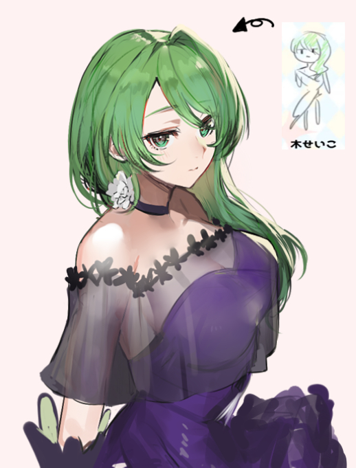 1girl, beige_background, black_choker, breasts, character_name, choker, cleavage, dress