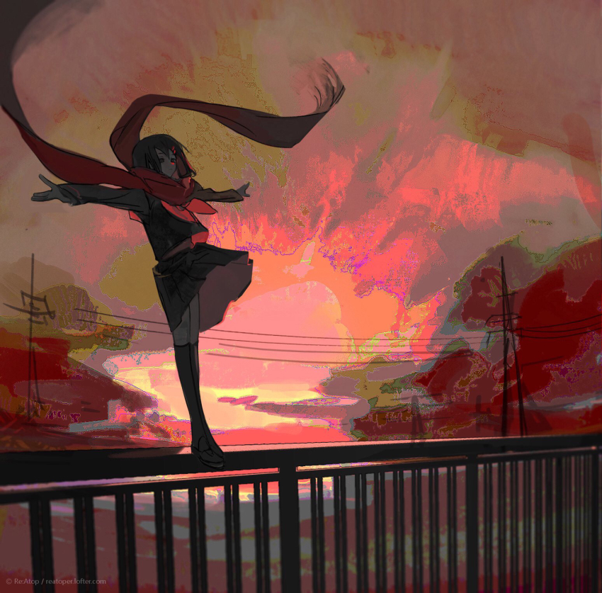 1girl, artist_name, backlighting, black_hair, black_serafuku, black_shoes, cloud, enpera, expressionless, falling, fence, floating_scarf, hair_ornament, hairclip, highres, kagerou_project, loafers, lofter_username, outdoors, outstretched_arms, pleated_skirt, pota_(harmony), power_lines, red_scarf, scarf, school_uniform, serafuku, shoes, skirt, sky, solo, suicide, tateyama_ayano, thighhighs, utility_pole