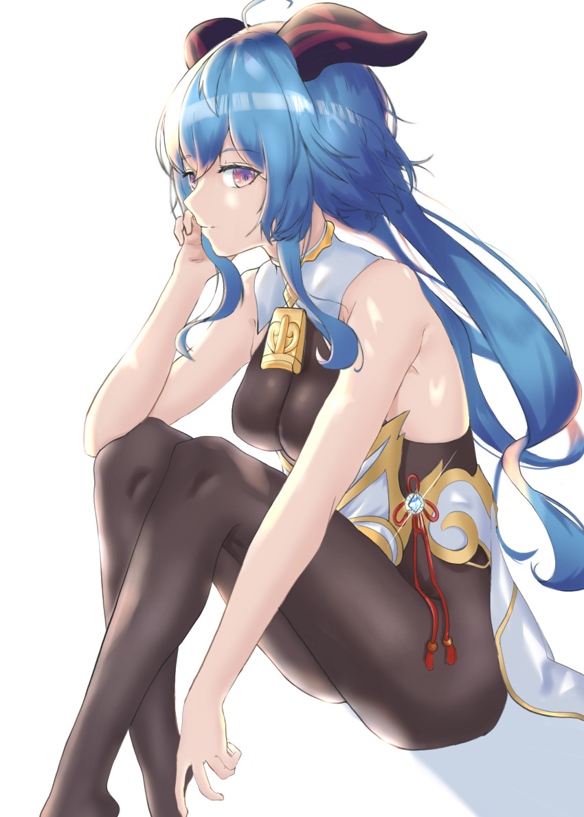 1girl, absurdres, ahoge, bare_shoulders, bell, black_pantyhose, blue_hair, bodysuit, cowbell, ganyu_(genshin_impact), genshin_impact, goat_horns, highres, horns, long_hair, looking_at_viewer, natoriusu_sansei, pantyhose, purple_eyes, qilin_(mythology), simple_background, sitting, solo, white_background