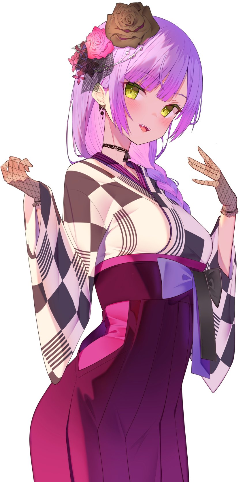 1girl, \||/, absurdres, black_choker, black_flower, blunt_bangs, blush, bow, braid, breasts, checkered_clothes, checkered_kimono, choker, earrings, fang, fishnet_gloves, fishnets, flower, french_braid, gloves, green_eyes, hair_flower, hair_ornament, hair_over_shoulder, hakama, hakama_skirt, high-waist_skirt, highres, hololive, japanese_clothes, jewelry, jun_(aousa0328), kimono, long_hair, long_skirt, looking_at_viewer, low_side_ponytail, medium_breasts, multicolored_hair, official_alternate_costume, open_mouth, pink_flower, pink_hair, pleated_skirt, purple_hair, purple_skirt, red_flower, side_ponytail, simple_background, single_braid, skirt, smile, solo, tokoyami_towa, tokoyami_towa_(new_year), two-tone_hair, virtual_youtuber, white_background