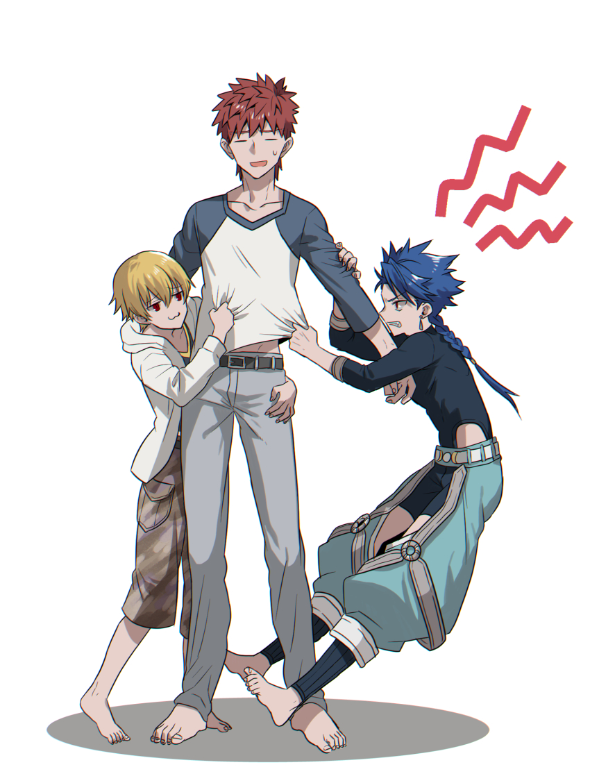 3boys, :3, barefoot, belt, blonde_hair, blue_hair, braid, braided_ponytail