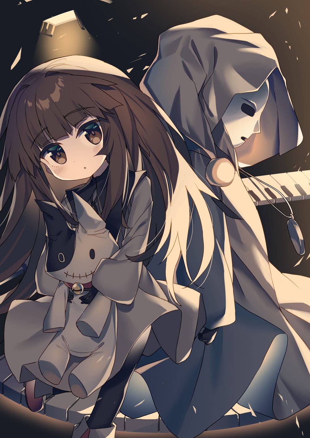 black_legwear, blush, brown_eyes, brown_hair, coat, commentary_request, deemo, alice_(deemo)