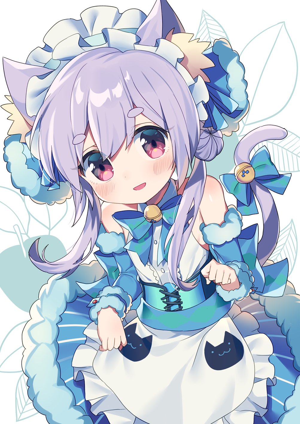1girl, :d, animal_ears, apron, bell, blue_bow, blush, bow