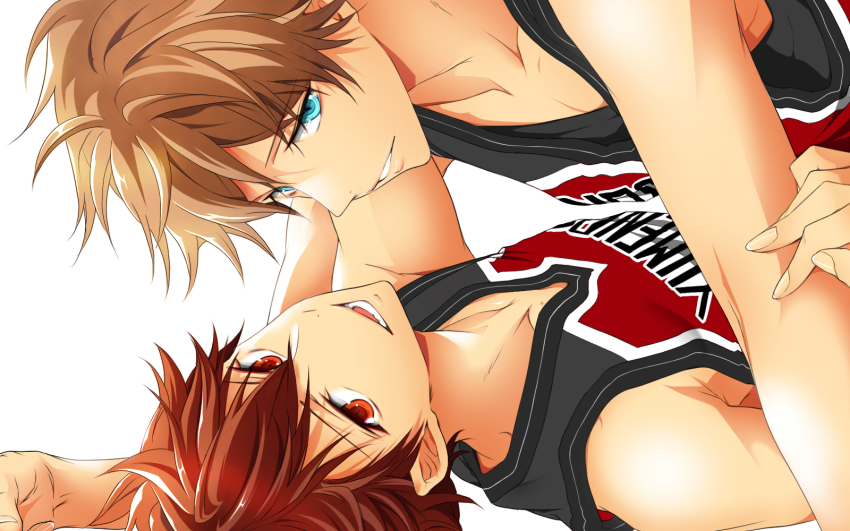 2boys, basketball_uniform, blue_eyes, brown_eyes, brown_hair, ensemble_stars!, highres, kei1_833