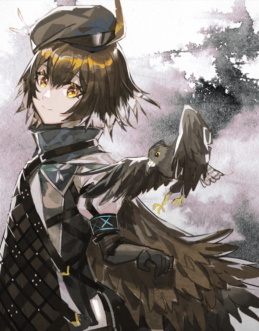 1girl, ahoge, arknights, beret, bird, bird_girl, black_gloves, black_hat