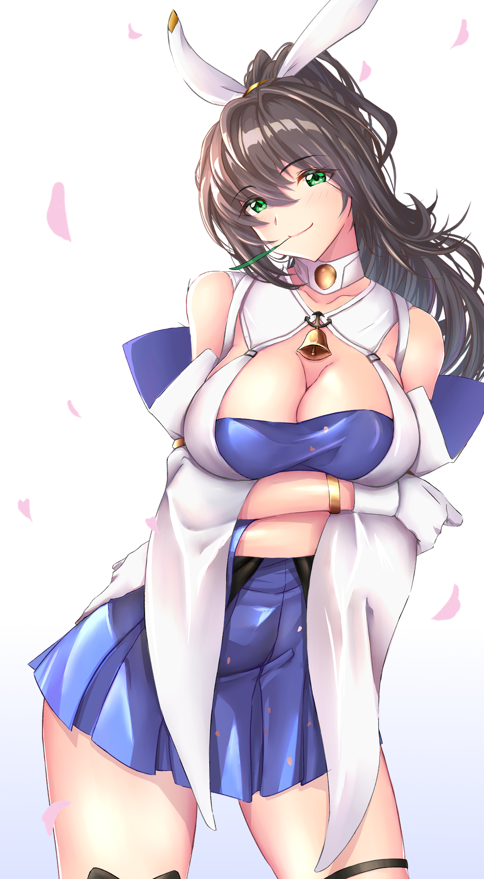 1girl, anchor_symbol, asahiru_ban, bell, black_hair, blue_background, blue_dress, blue_oath