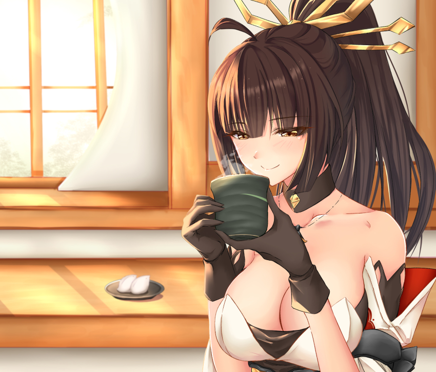 1girl, ahoge, akagi_(blue_oath), asahiru_ban, bare_shoulders, black_gloves, blue_oath, blush