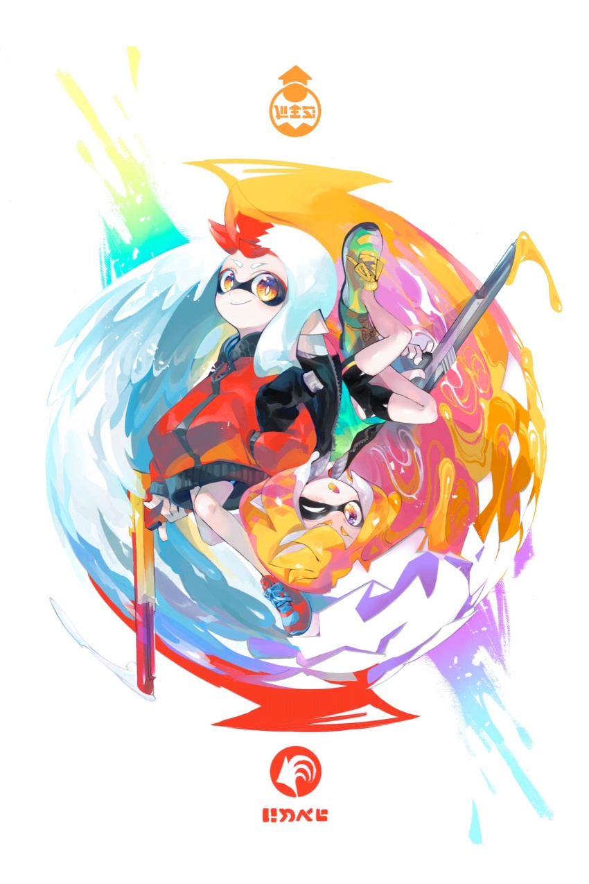 2girls, aramaki_spla, bike_shorts, black_jacket, black_shorts, blonde_hair, brown_eyes, closed_mouth