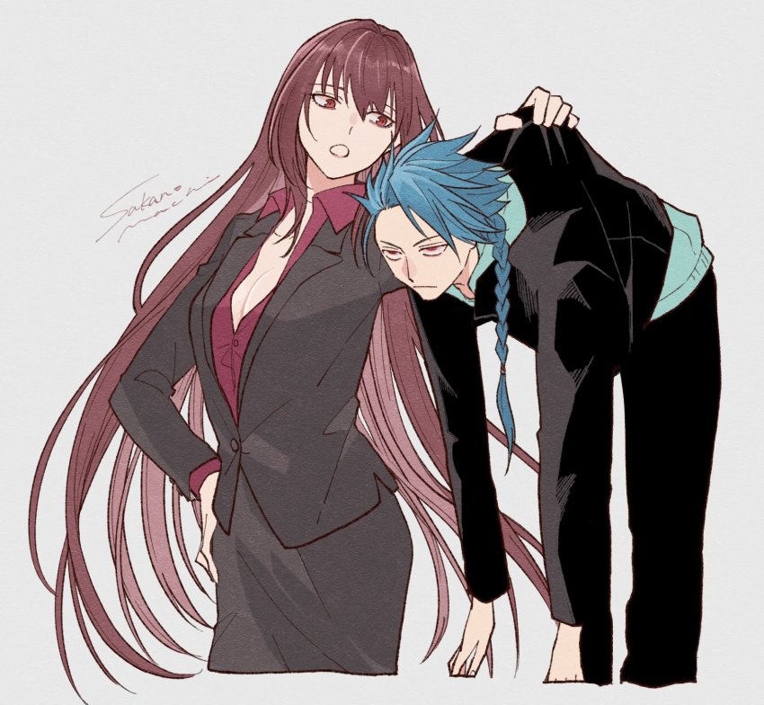 1boy, 1girl, alternate_costume, angry, asymmetrical_hair, blue_hair, braid, braided_ponytail