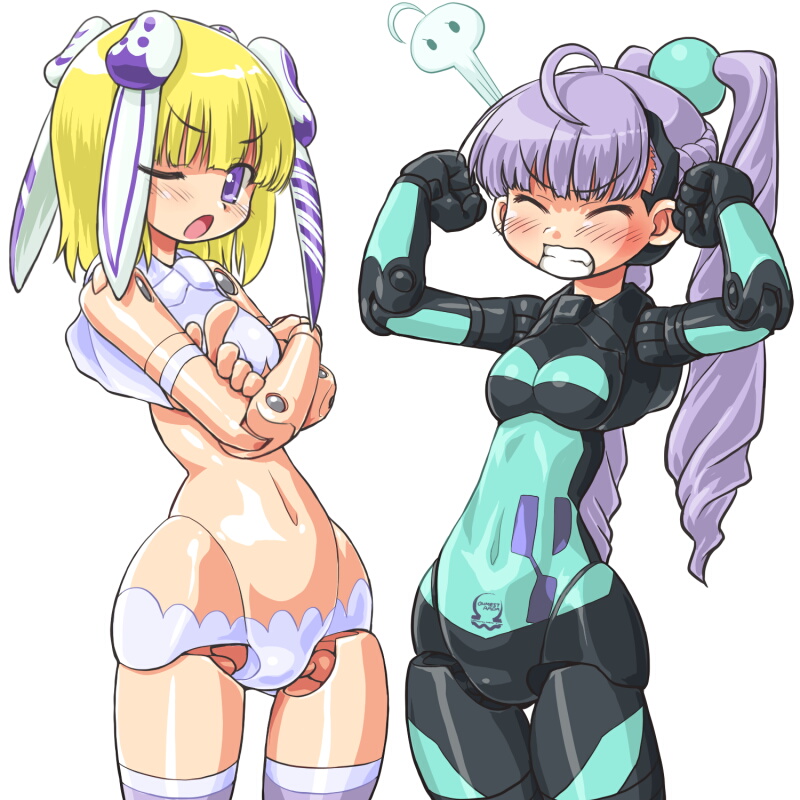 10s, bad_id, bad_pixiv_id, blonde_hair, blue_eyes, busou_shinki, dd_(ijigendd), doll_joints, high_ponytail, joints, mecha_musume, navel, ponytail, purple_hair, simple_background, white_background, yda, zyrdarya
