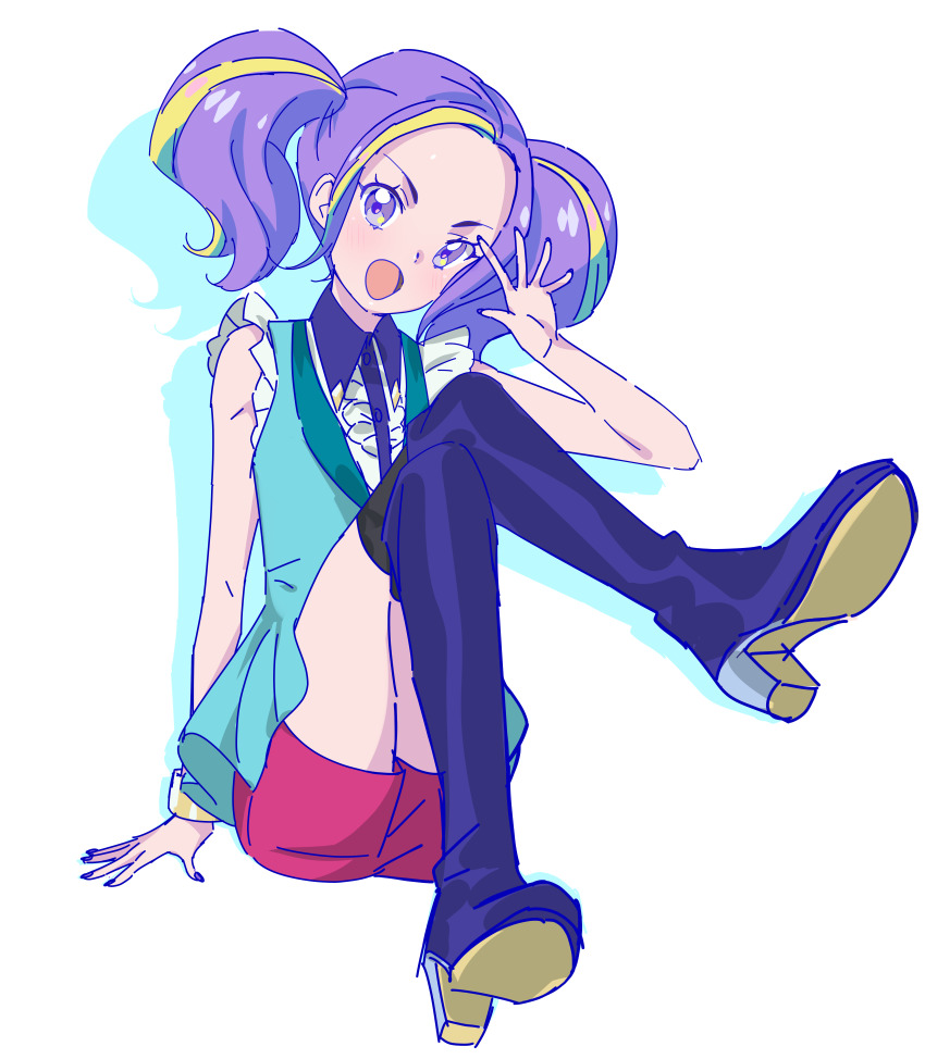 1girl, :d, absurdres, aikatsu!_(series), aikatsu_planet!, aqua_jacket, black_boots, blonde_hair, blush, boots, collared_shirt, colored_shadow, commentary, crossed_legs, forehead, full_body, highres, idol, jacket, knees_up, long_hair, looking_at_viewer, multicolored_hair, nail_polish, open_mouth, purple_hair, purple_nails, red_shorts, ruli_(aikatsu_planet!), shadow, shirt, shorts, simple_background, sitting, sketch, sleeveless, smile, solo, streaked_hair, tamaki_ruli, thigh_boots, thighhighs, tomatomagica, twintails, waving, white_background, wrist_cuffs