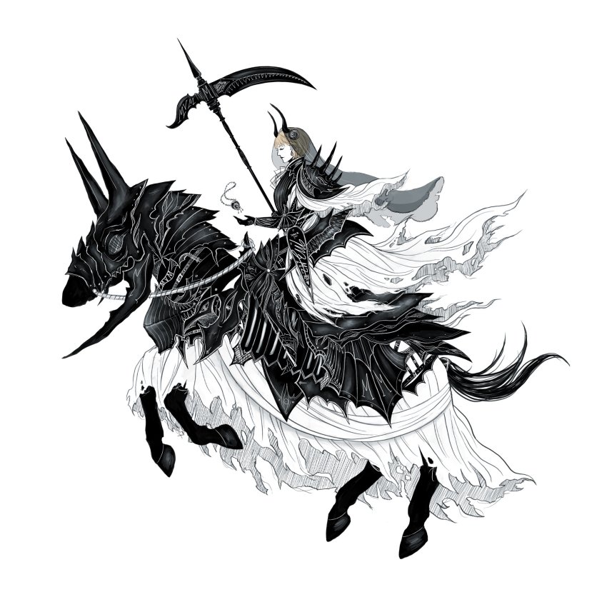 1girl, armor, barding, blonde_hair, cosplay, death_knight_(fire_emblem), death_knight_(fire_emblem)_(cosplay), fire_emblem, fire_emblem:_three_houses, full_body, highres, horse, jewelry, lv2nt, mercedes_von_martritz, monochrome, nintendo, pendant, scythe, short_hair, solo, spiked_armor, spikes, spot_color, veil, weapon