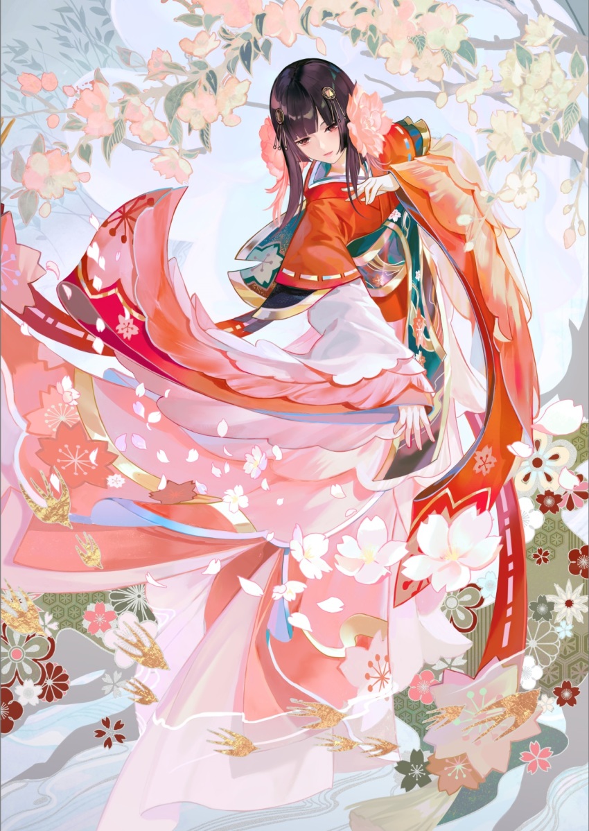 1girl, bird, black_hair, brown_eyes, cherry_blossoms, criin_(659503), eyebrows, flower, hair_flower, hair_ornament, highres, japanese_clothes, kimono, long_sleeves, obi, onmyoji, onmyouji, parted_lips, petals, sakura_(onmyoji), sash, sleeves_past_wrists, solo, standing, wide_sleeves