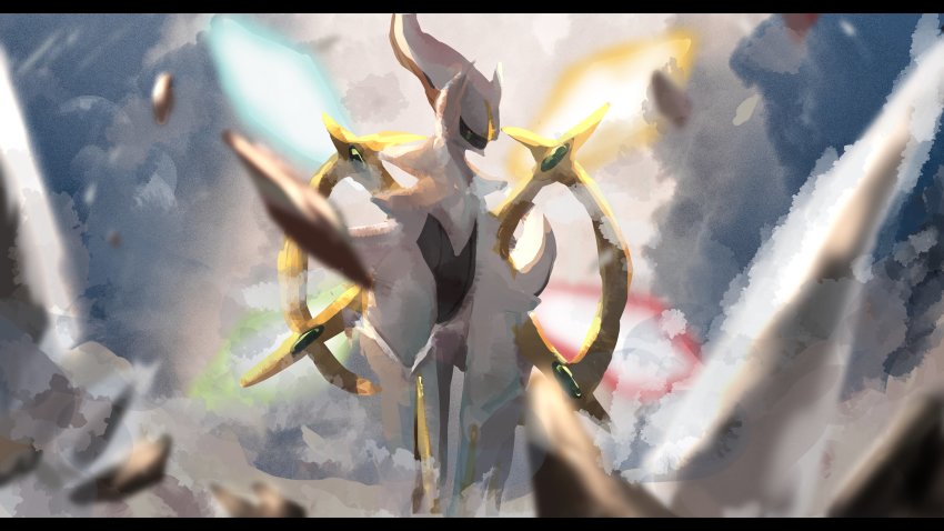 absurdres, animal_focus, arceus, blurry, blurry_foreground, colored_sclera, full_body, gen_4_pokemon, green_sclera, highres, legendary_pokemon, letterboxed, looking_down, mythical_pokemon, nintendo, no_humans, one-hour_drawing_challenge, pokemon, pokemon_(creature), pokemon_focus, red_eyes, rock, solo, standing, umi_hire