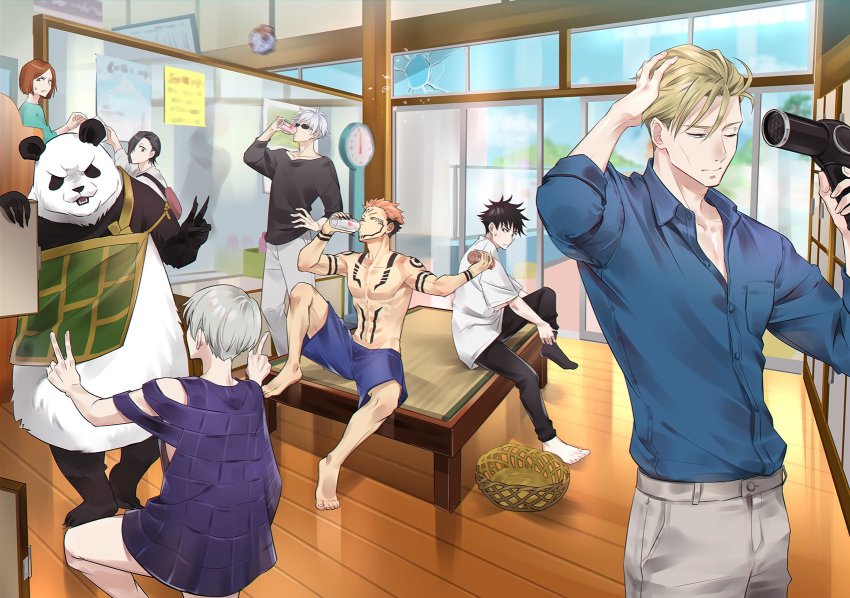 1girl, 6+boys, abs, animal, arm_tattoo, arm_up, basket, black_hair