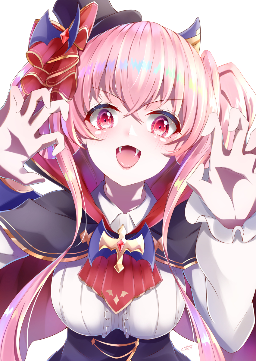 1girl, absurdres, black_hat, blush, breasts, fangs, gao, hair_between_eyes