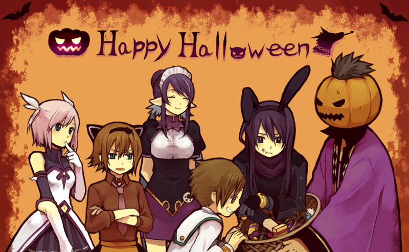 00s, 3boys, 3girls, alternate_costume, animal_ears, bad_id, bad_pixiv_id, black_hair