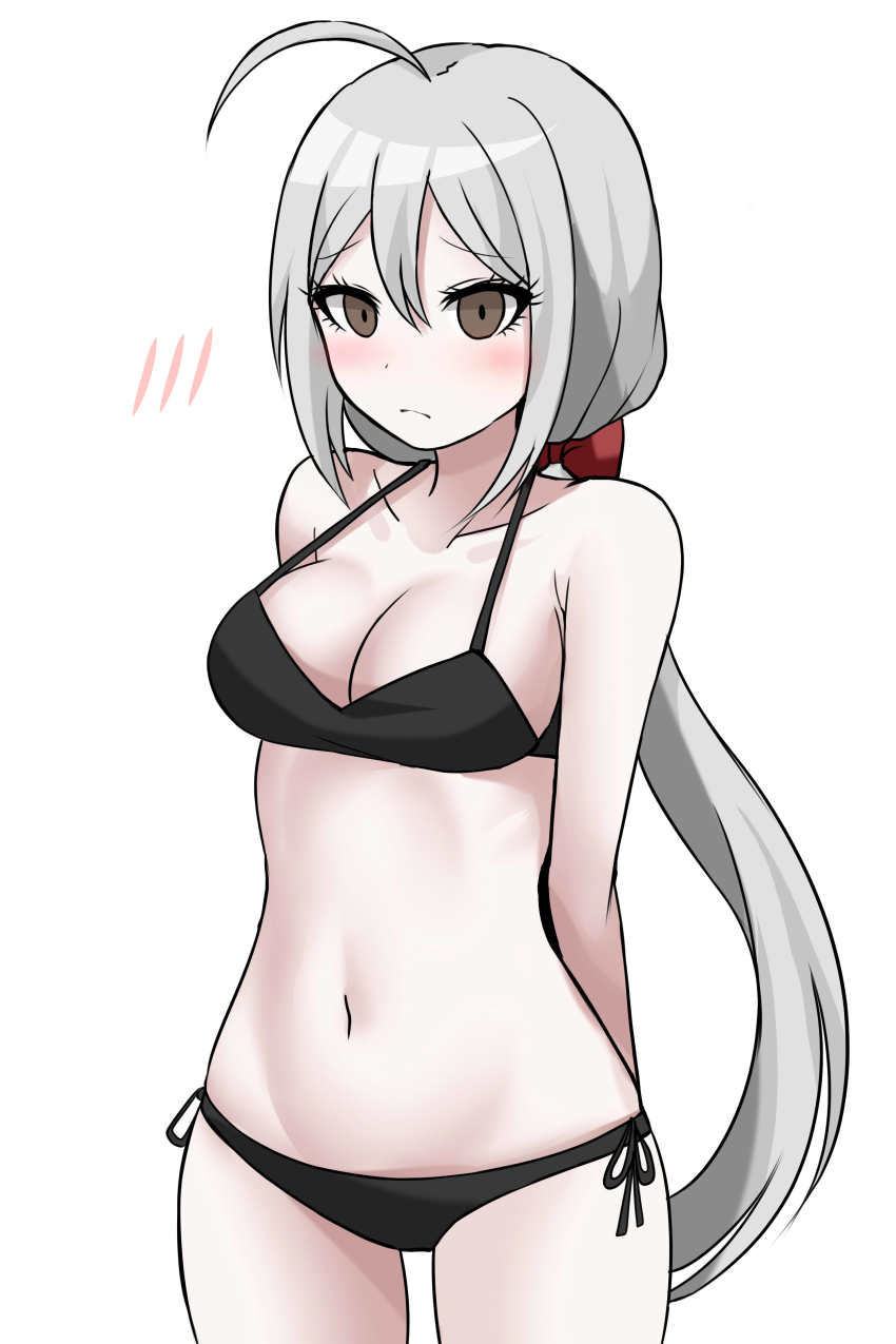 1girl, absurdres, ahoge, arms_behind_back, bad_id, bad_pixiv_id, bikini, black_bikini, blush, bow, breasts, brown_eyes, cleavage, closed_mouth, collarbone, commentary_request, cowboy_shot, danganronpa_(series), danganronpa_another, grey_hair, hair_between_eyes, hair_bow, highres, honyang, long_hair, looking_at_viewer, low_ponytail, medium_breasts, navel, ponytail, red_bow, side-tie_bikini_bottom, simple_background, solo, sora_(super_danganronpa_another_2), super_danganronpa_another_2, swimsuit, white_background