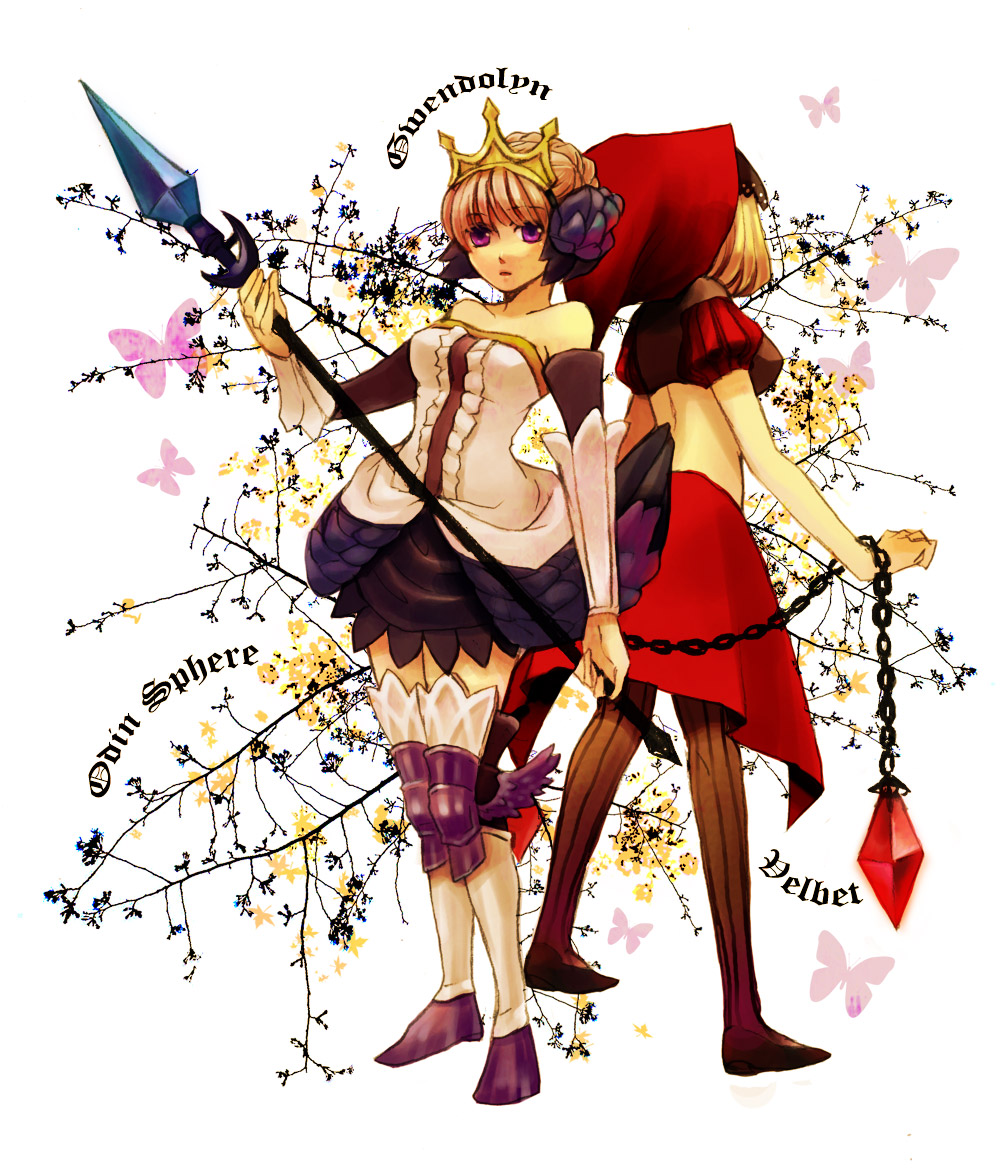 2girls, armor, armored_dress, bad_id, bad_pixiv_id, boots, chain, character_name, choker, copyright_name, crown, dress, elbow_gloves, gloves, gwendolyn_(odin_sphere), hood, multiple_girls, odin_sphere, polearm, purple_eyes, thigh_boots, thighhighs, toral26, velvet_(odin_sphere), weapon, white_hair, wings