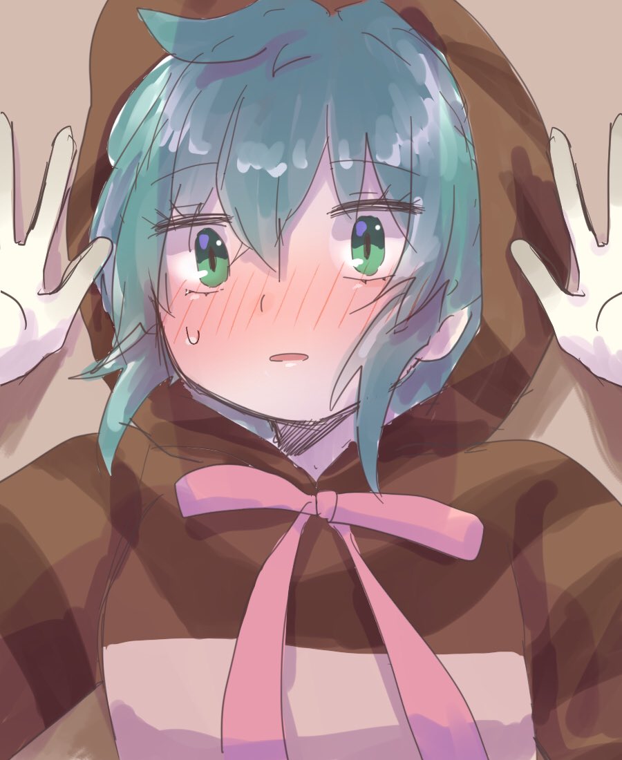 1girl, blue_hair, blush, chicha_(chi_cha_rigbo), commentary_request, disembodied_hand, full-face_blush, green_eyes, hood, hoodie, kemono_friends, lying, neck_ribbon, on_back, pink_ribbon, print_hoodie, ribbon, short_hair, snake_print, solo, sweatdrop, tsuchinoko_(kemono_friends)