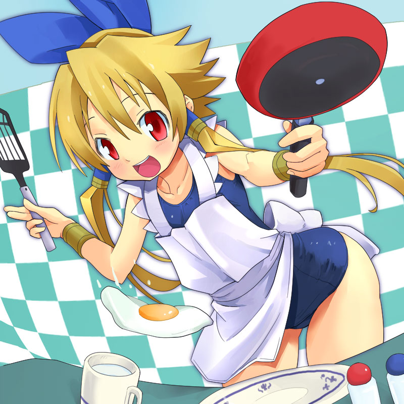 1girl, anshinmama, apron, blonde_hair, child, female_focus, frying_pan, meryl_star