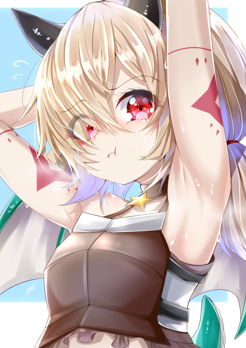 1girl, absurdres, armpits, arms_up, bare_shoulders, black_choker, blonde_hair, blush