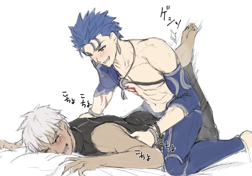 2boys, abs, archer_(fate), barefoot, blue_hair, blush, commentary_request, cu_chulainn_(fate), cu_chulainn_(lancer)_(fate), cu_chulainn_(second_ascension)_(fate), dark-skinned_male, dark_skin, earrings, fate/zero, fate_(series), grey_background, grey_hair, grin, jewelry, kneeling, looking_at_another, lying, male_focus, mondi_hl, multiple_boys, navel, necklace, official_alternate_costume, on_person, on_stomach, open_mouth, ponytail, red_eyes, short_hair, sitting, sitting_on_person, sketch, smile, tickling, tickling_armpits, translation_request, white_background, white_hair, yaoi
