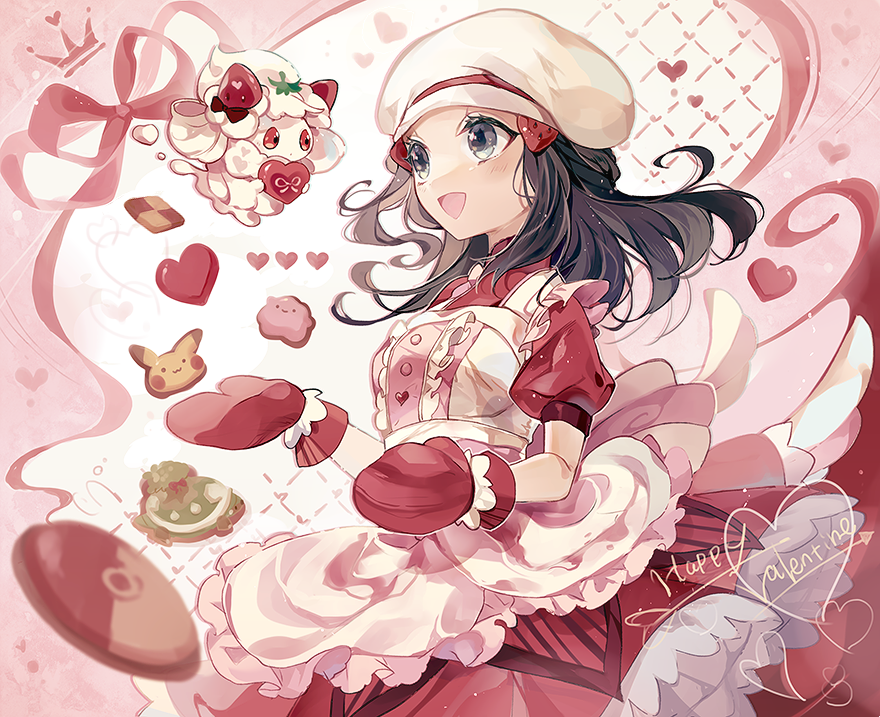 1girl, :d, alcremie, alcremie_(strawberry_sweet), apron, black_hair, blush, coco7