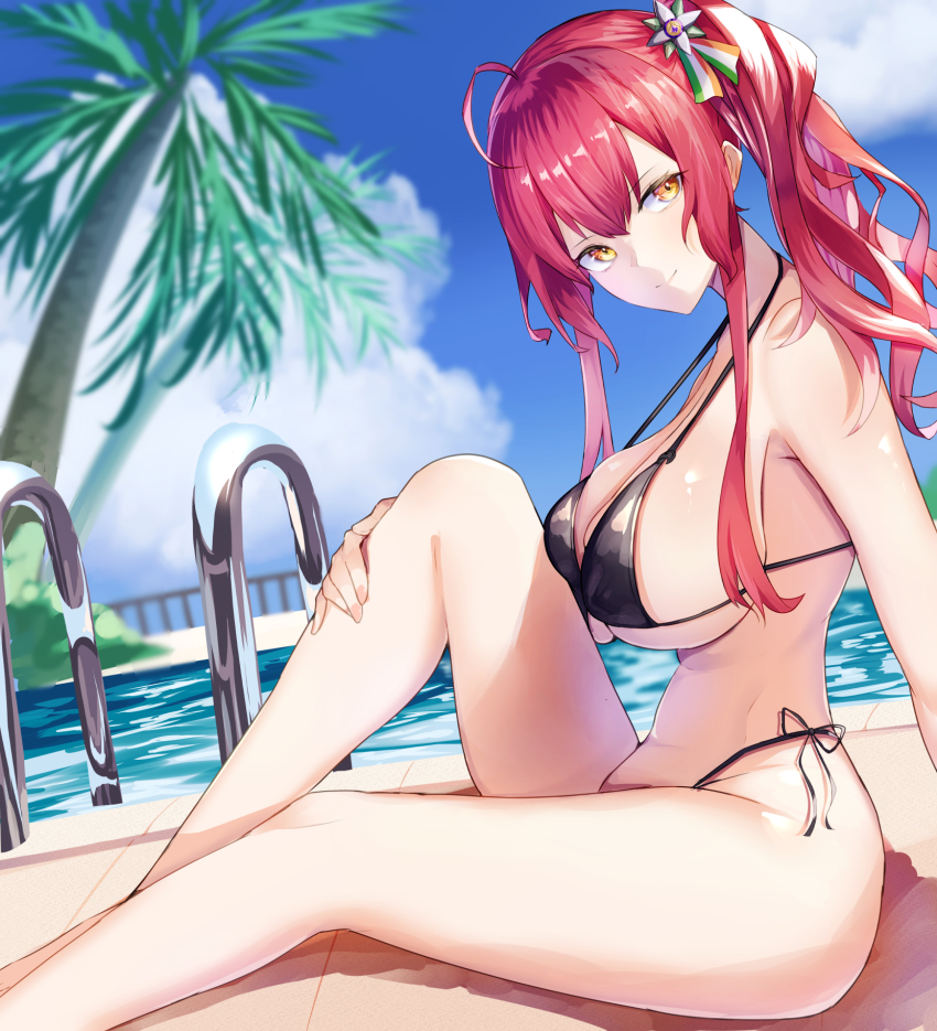 1girl, ahoge, azur_lane, bare_legs, bikini, black_bikini, blue_sky, breasts