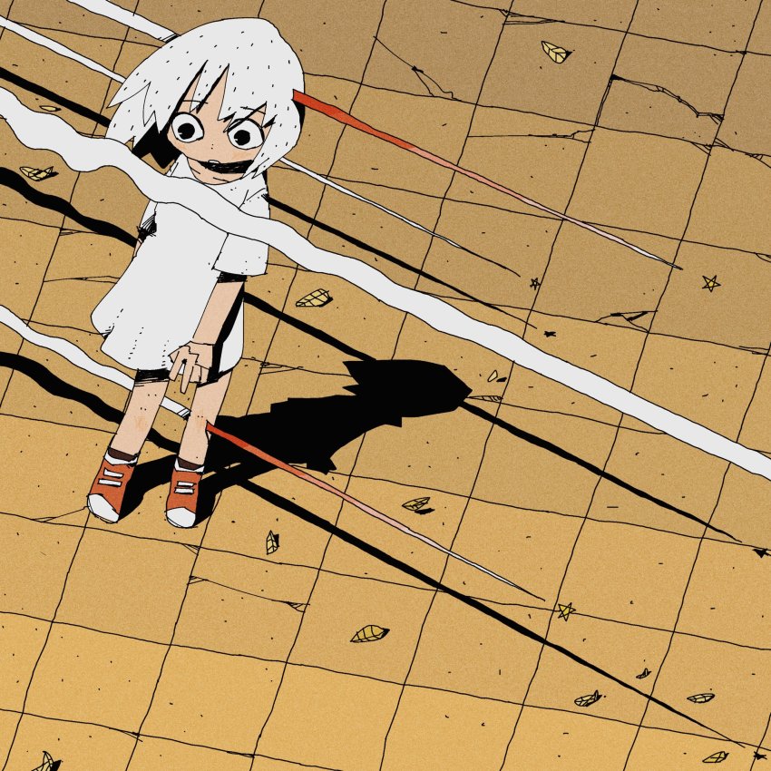 1girl, black_eyes, crack, dress, highres, leaf, medium_hair, nyr50ml