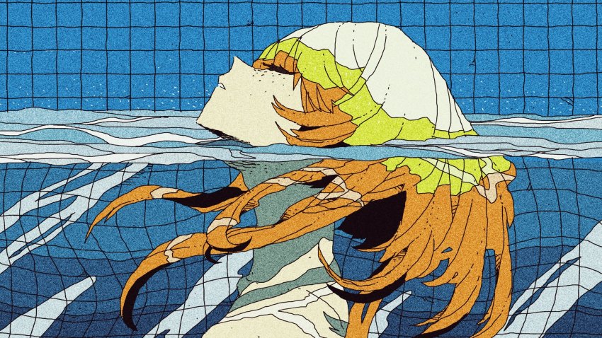 1girl, blonde_hair, closed_eyes, floating_hair, freckles, highres, medium_hair, multicolored_hair, nyr50ml, orange_hair, original, parted_lips, partially_submerged, profile, shadow, solo, virtual_youtuber, white_hair