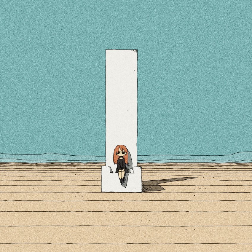 1girl, black_dress, black_eyes, black_shoes, dress, highres, horizon, long_hair