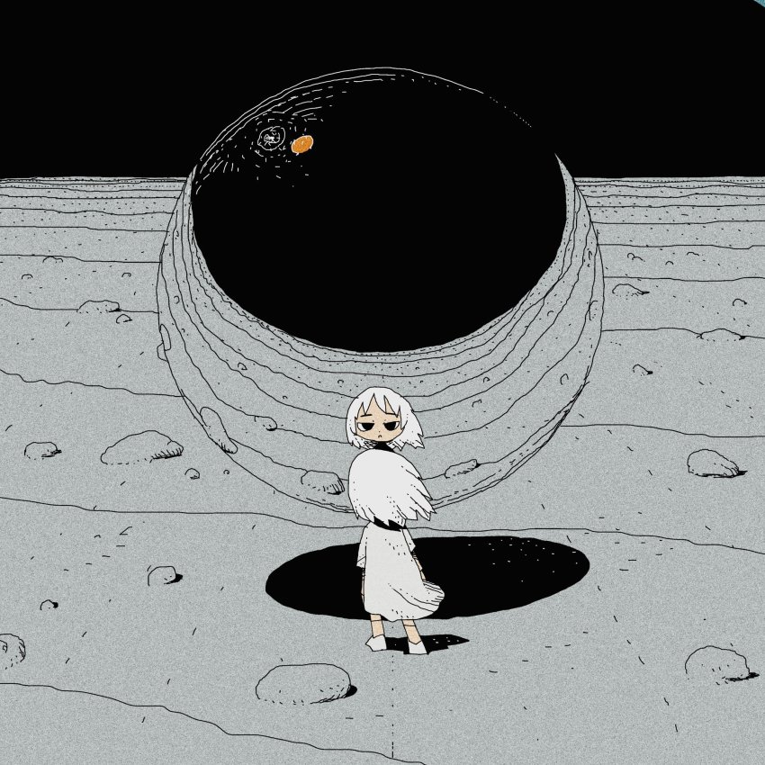 1girl, black_eyes, dress, floating, floating_object, from_behind, grey_theme, half-closed_eyes