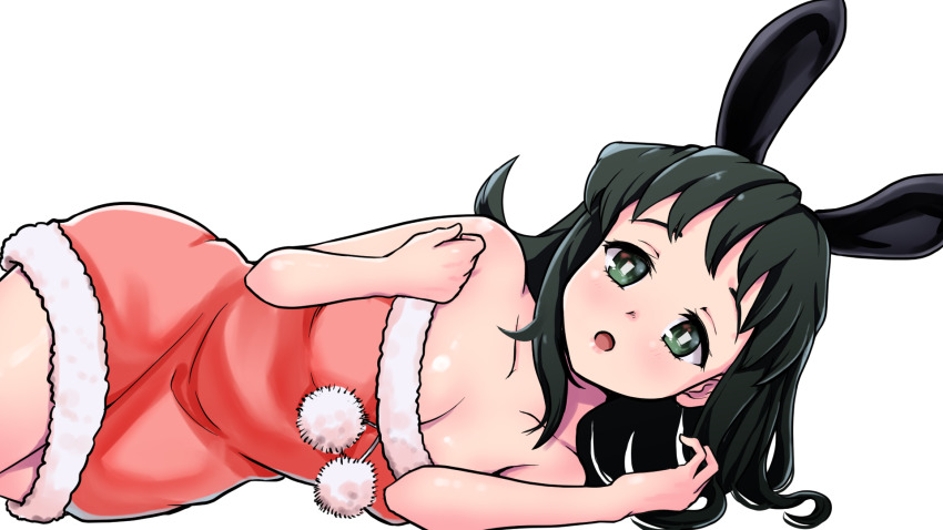 1girl, :o, alternate_costume, blush, breasts, christmas, cleavage, dress