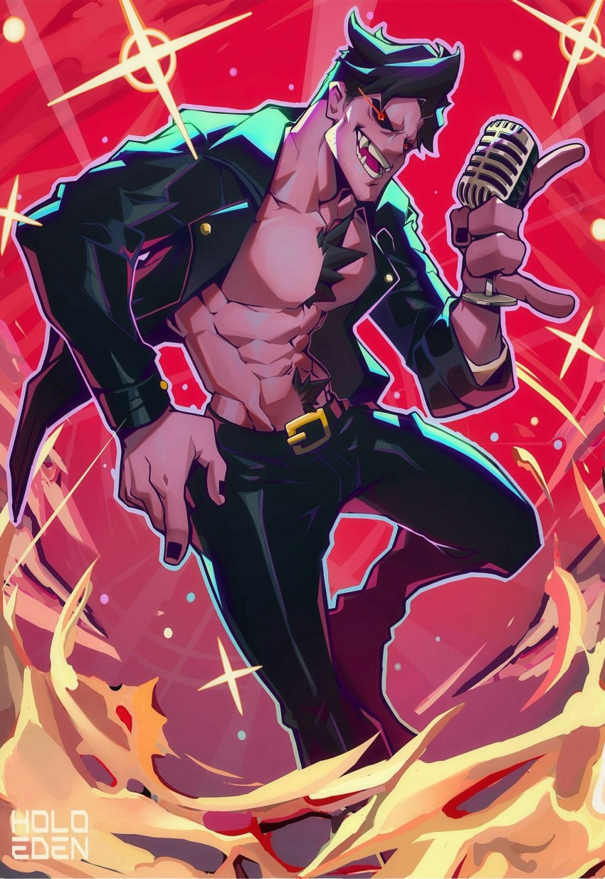 1boy, animification, artist_name, bare_pectorals, belt, belt_buckle, black_hair, black_nails