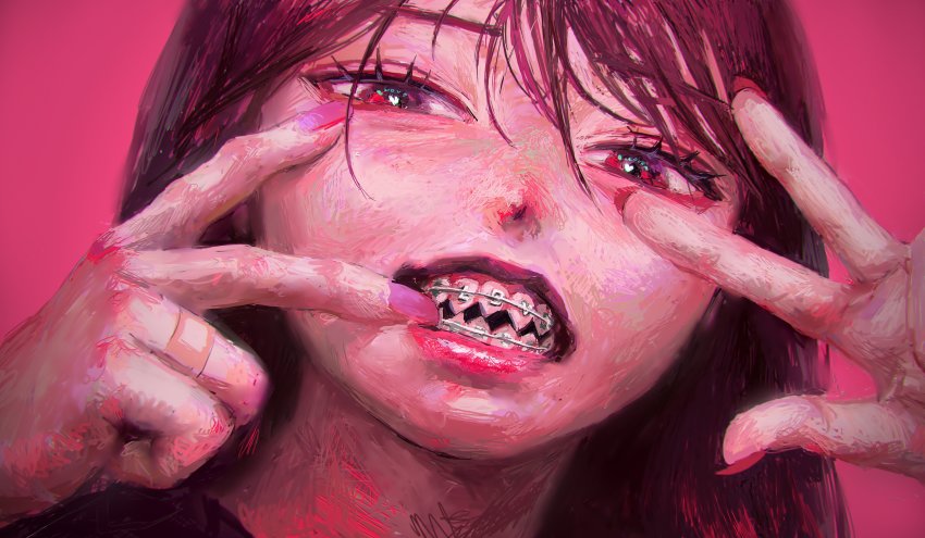 1girl, absurdres, bandaid, bandaid_on_face, black_hair, braces, commentary_request, english_text, hands_up, hatena_(nazequestion), heart, heart-shaped_pupils, highres, long_hair, looking_at_viewer, nail_polish, original, parted_lips, pink_background, pink_nails, portrait, sharp_teeth, simple_background, solo, symbol-shaped_pupils, teeth
