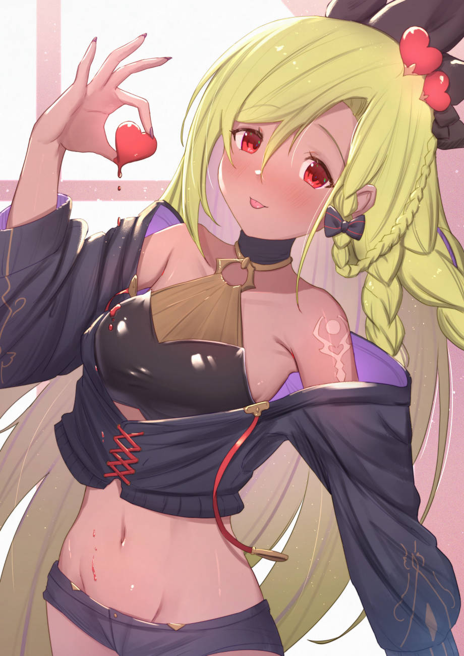 1girl, :p, bare_shoulders, black_jacket, black_shirt, black_shorts, blonde_hair, blush, braid, closed_mouth, collarbone, crop_top, dark-skinned_female, dark_skin, female_focus, fingernails, granblue_fantasy, groin, hair_between_eyes, hair_ornament, hand_up, heart, heart_hair_ornament, helel_ben_shalem, helel_ben_shalem_(coco-coated_dreams)_(granblue_fantasy), highres, holding, jacket, long_fingernails, long_hair, long_sleeves, looking_at_viewer, nail_polish, navel, off_shoulder, parted_bangs, purple_nails, red_eyes, sharp_fingernails, shirt, short_shorts, shorts, smile, solo, tongue, tongue_out, uneg, very_long_hair, window