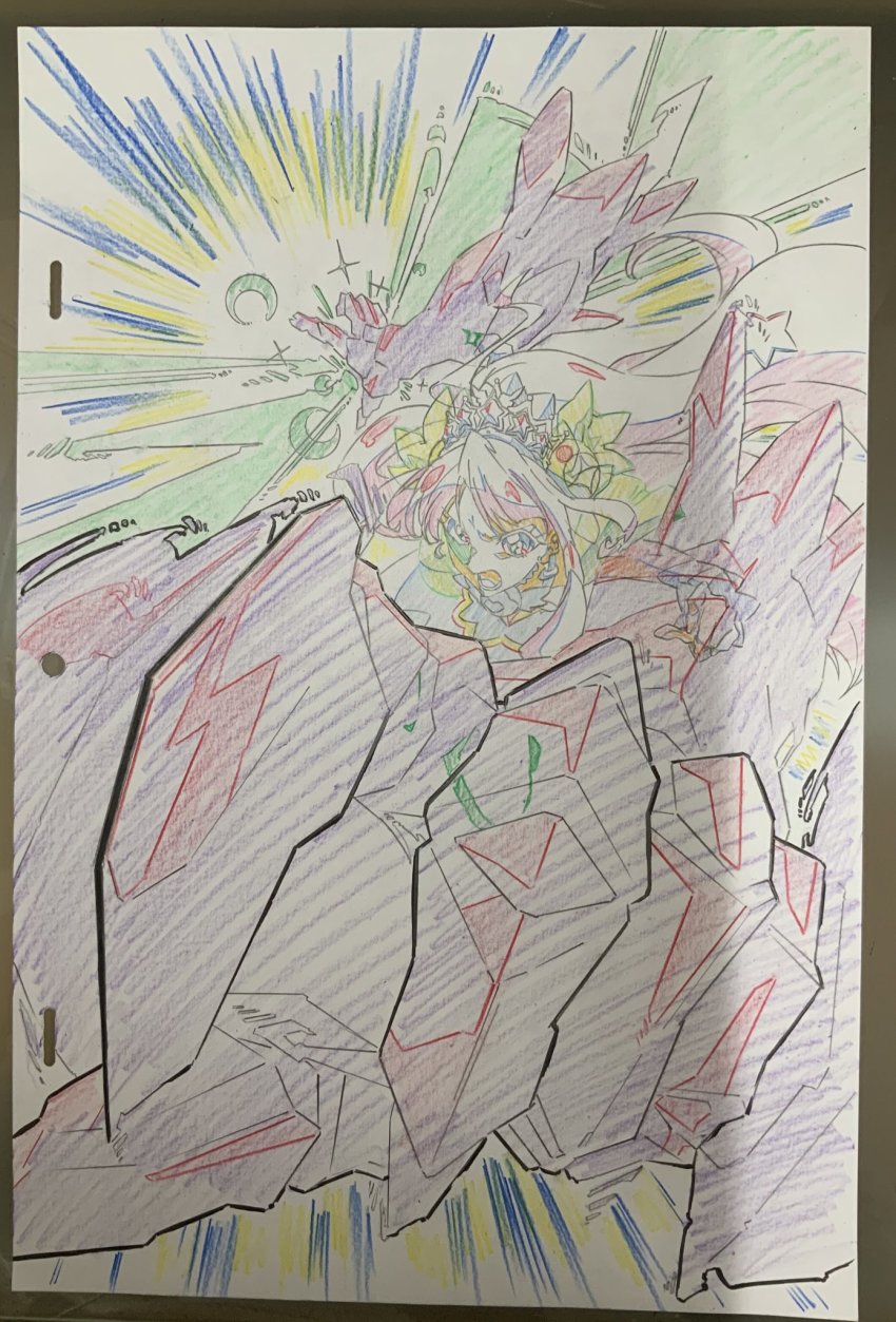 1girl, ahoge, angry, animation_paper, color_trace, commentary_request, crescent, crescent_earrings, cure_selene, earrings, fighting_stance, floating_hair, foreshortening, graphite_(medium), hair_ornament, highres, jewelry, kaguya_madoka, key_frame, limited_palette, long_hair, looking_at_viewer, lower_teeth_only, magical_girl, motion_lines, official_art, open_mouth, partially_colored, precure, shouting, solo, speed_lines, star_(symbol), star_hair_ornament, star_twinkle_precure, teeth, tiara, traditional_media, wrist_cuffs, yoshiyama_yuu