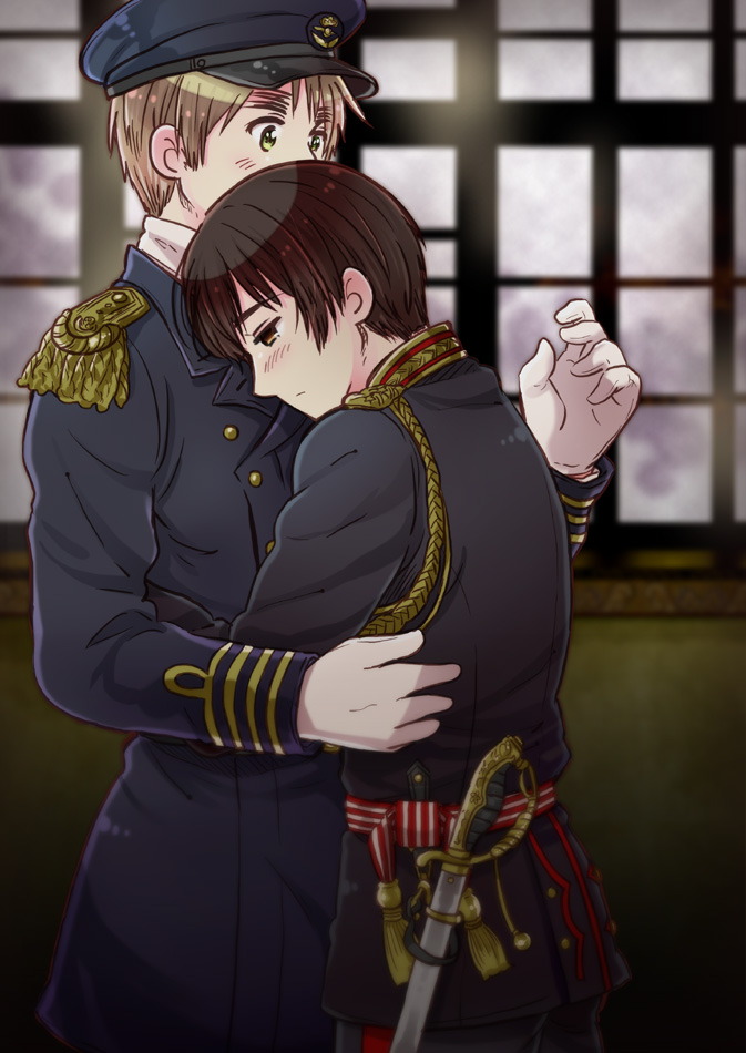2boys, axis_powers_hetalia, blonde_hair, blurry, blurry_background, brown_eyes, brown_hair, closed_mouth
