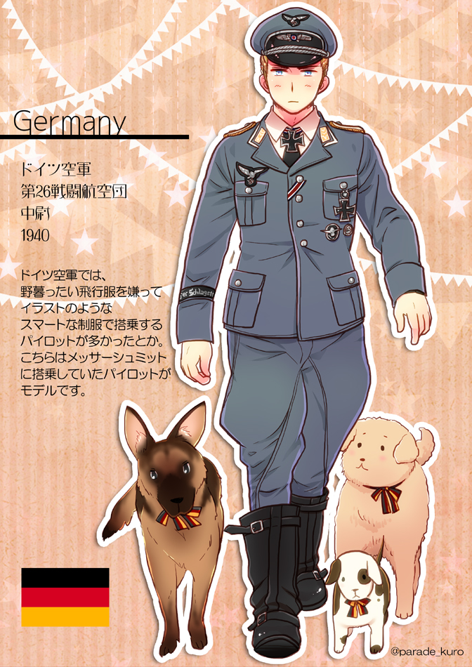1boy, animal, axis_powers_hetalia, black_footwear, blonde_hair, blue_eyes, blue_headwear, blue_jacket, blue_pants, boots, character_name, closed_mouth, cross, dog, german_flag, germany_(hetalia), hat, himaruya_hidekazu_(style), iron_cross, jacket, jodhpurs, kuro_(parade), long_sleeves, male_focus, medal, military, military_uniform, necktie, pants, pocket, ribbon, translation_request, twitter_username, walking